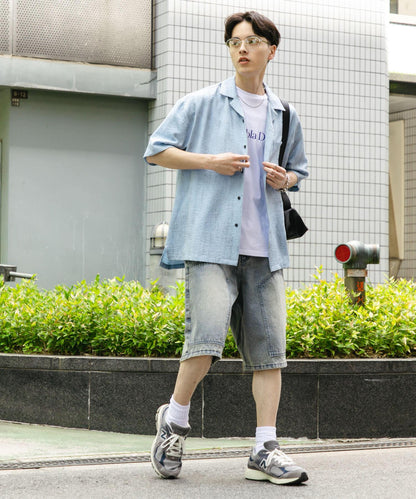 大理石紋開領短袖襯衫