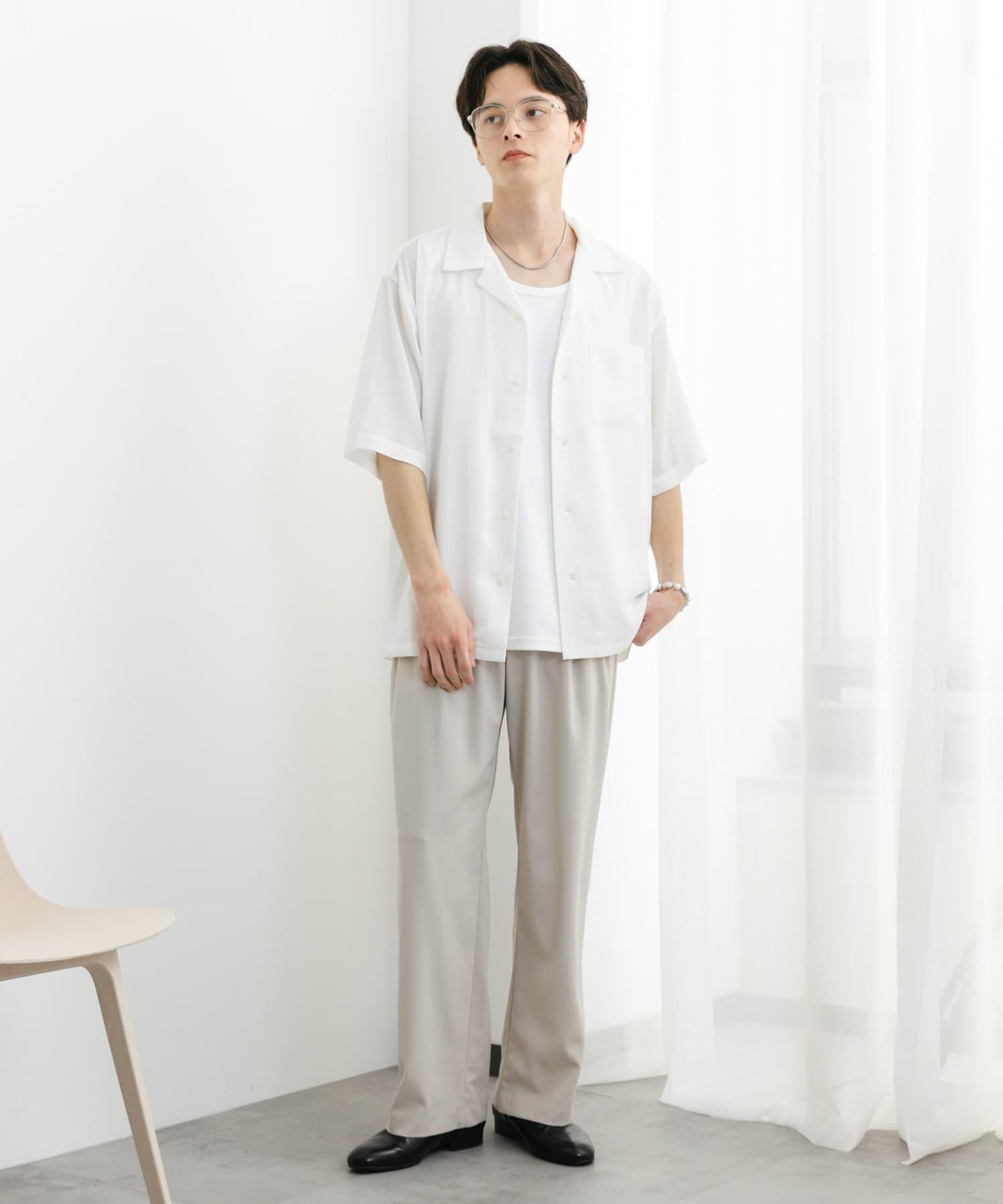 中性透視褶皺開領襯衫