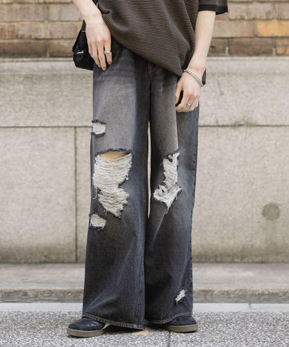 中性破洞牛仔寬腿褲
