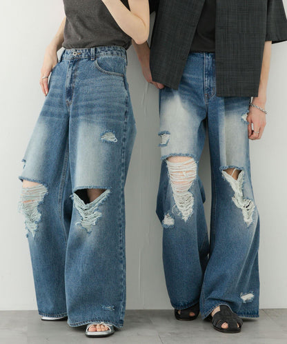 中性破洞牛仔寬腿褲