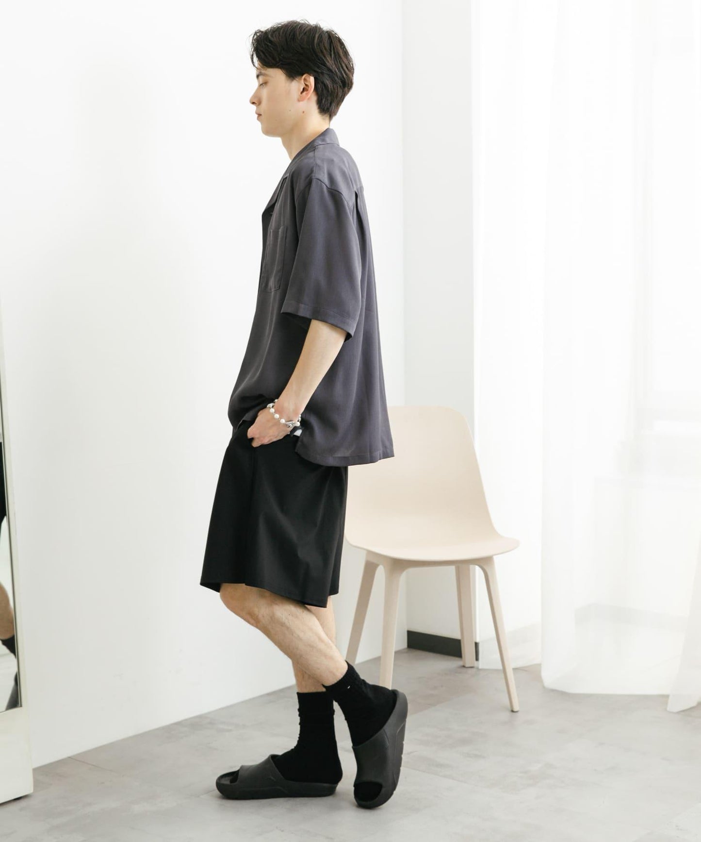 中性透視褶皺開領襯衫