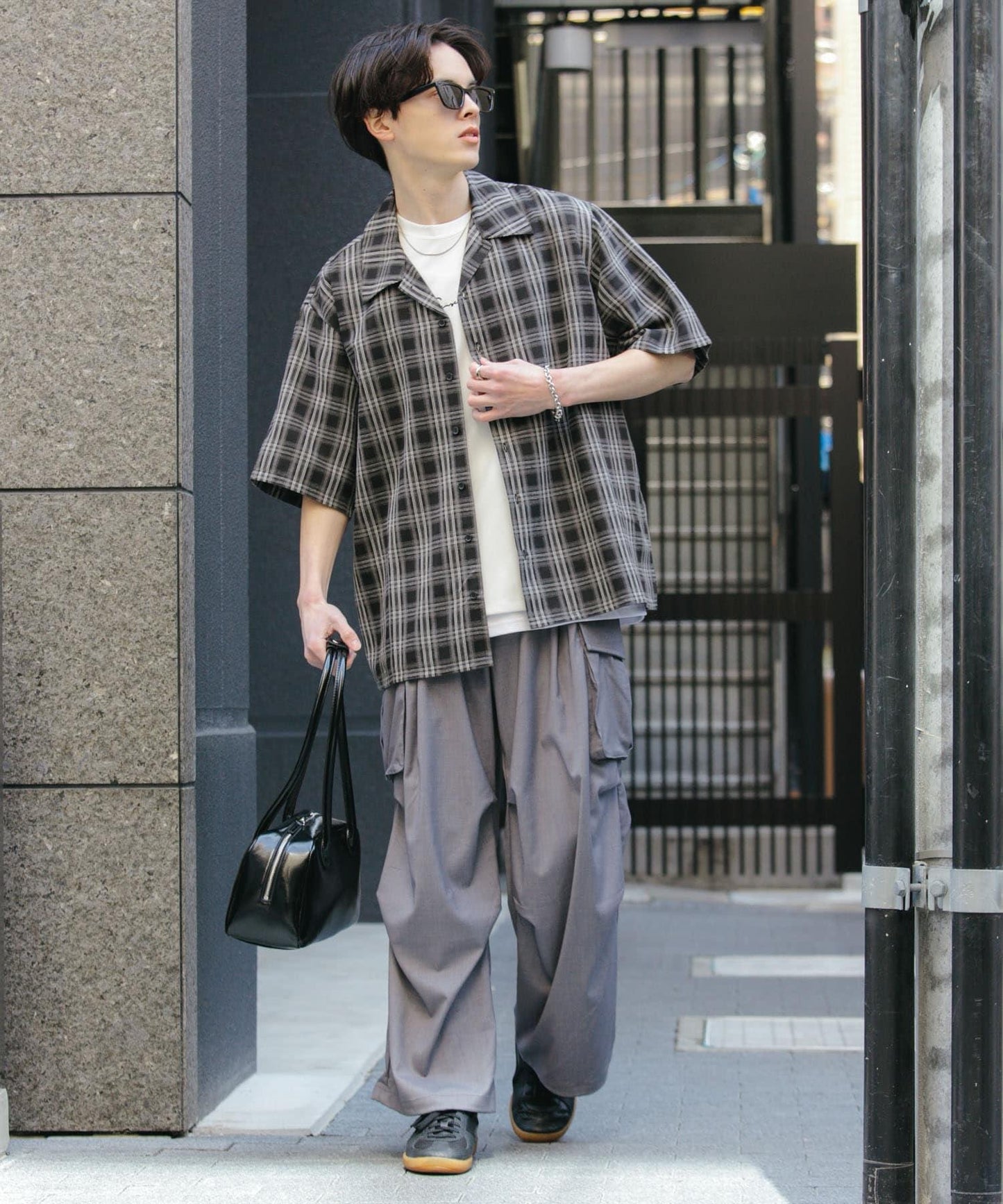 中性漸變格紋短袖襯衫