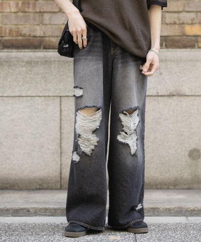 中性破洞牛仔寬腿褲