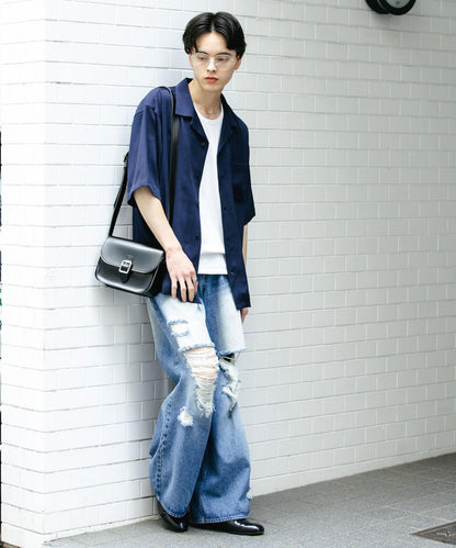 中性破洞牛仔寬腿褲