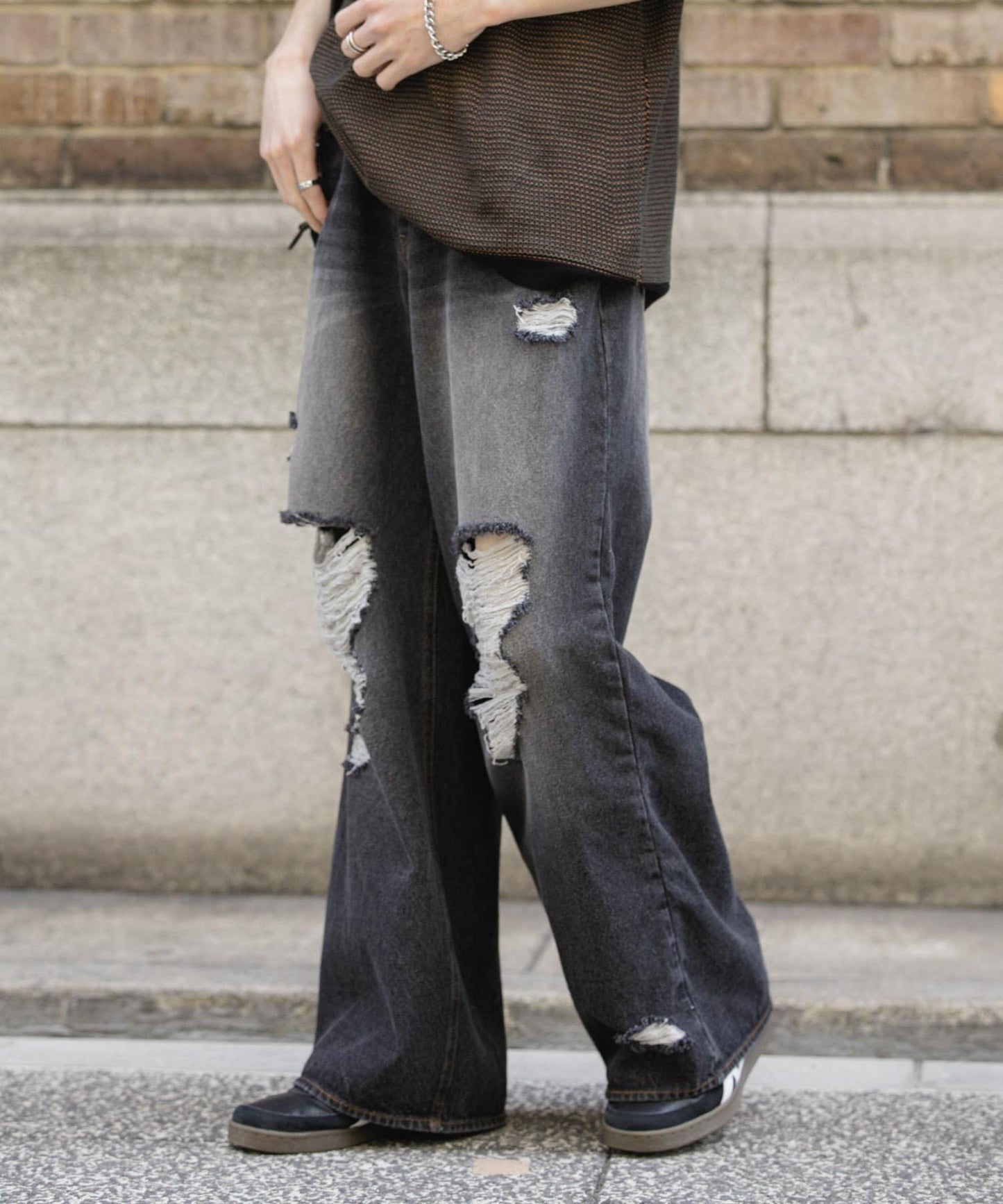 中性破洞牛仔寬腿褲