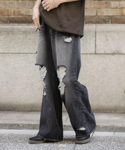 中性破洞牛仔寬腿褲