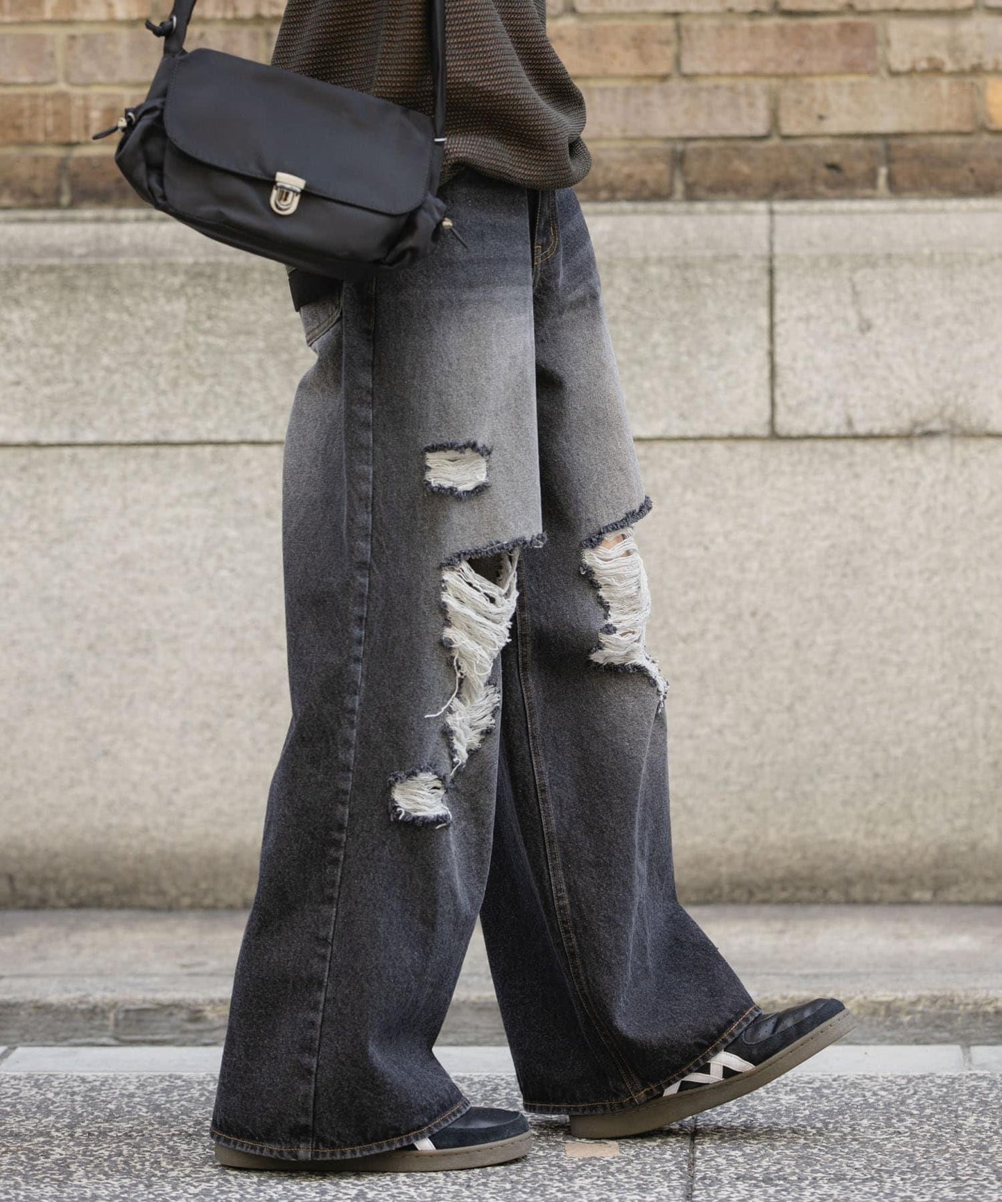 中性破洞牛仔寬腿褲