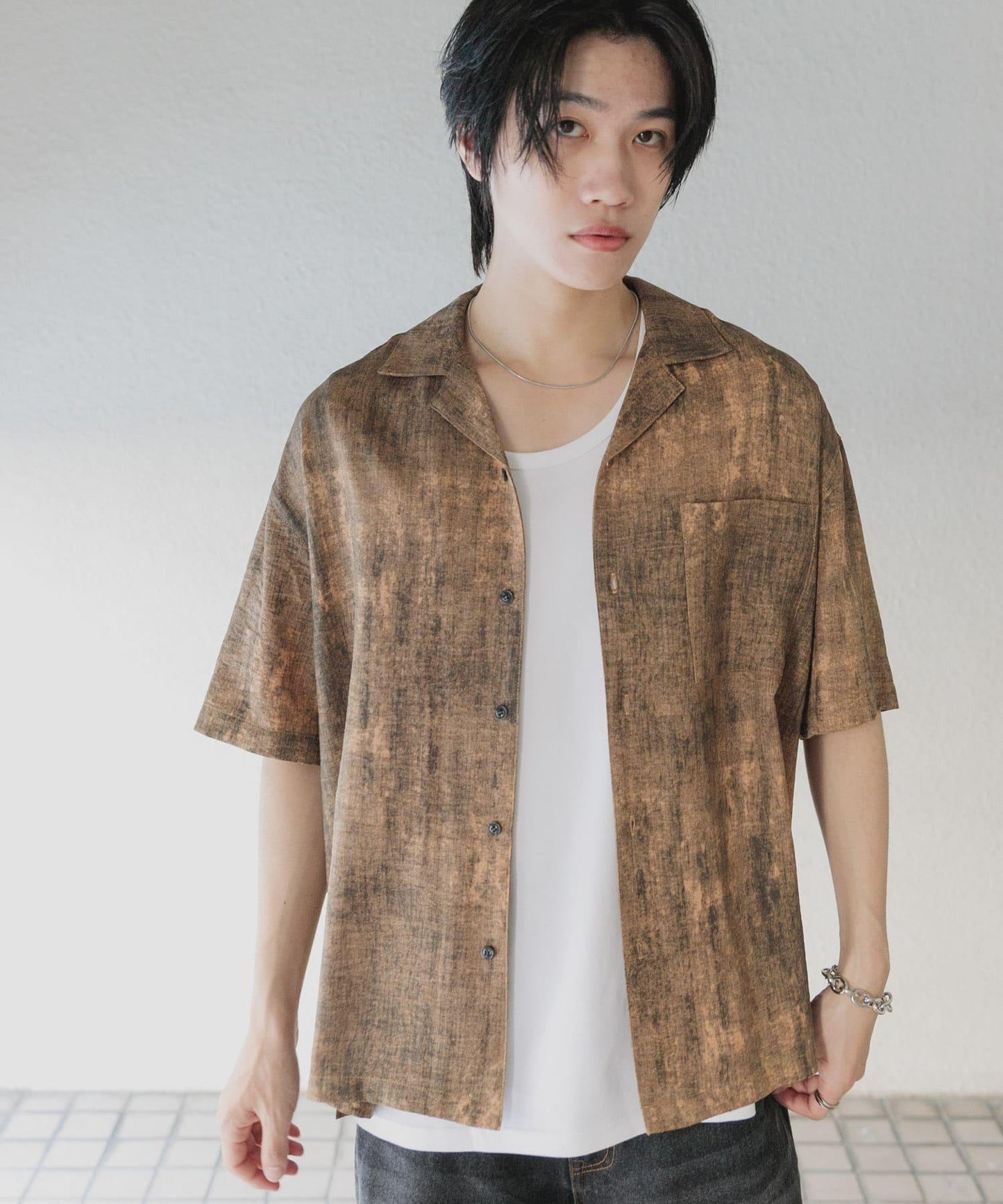 大理石紋開領短袖襯衫