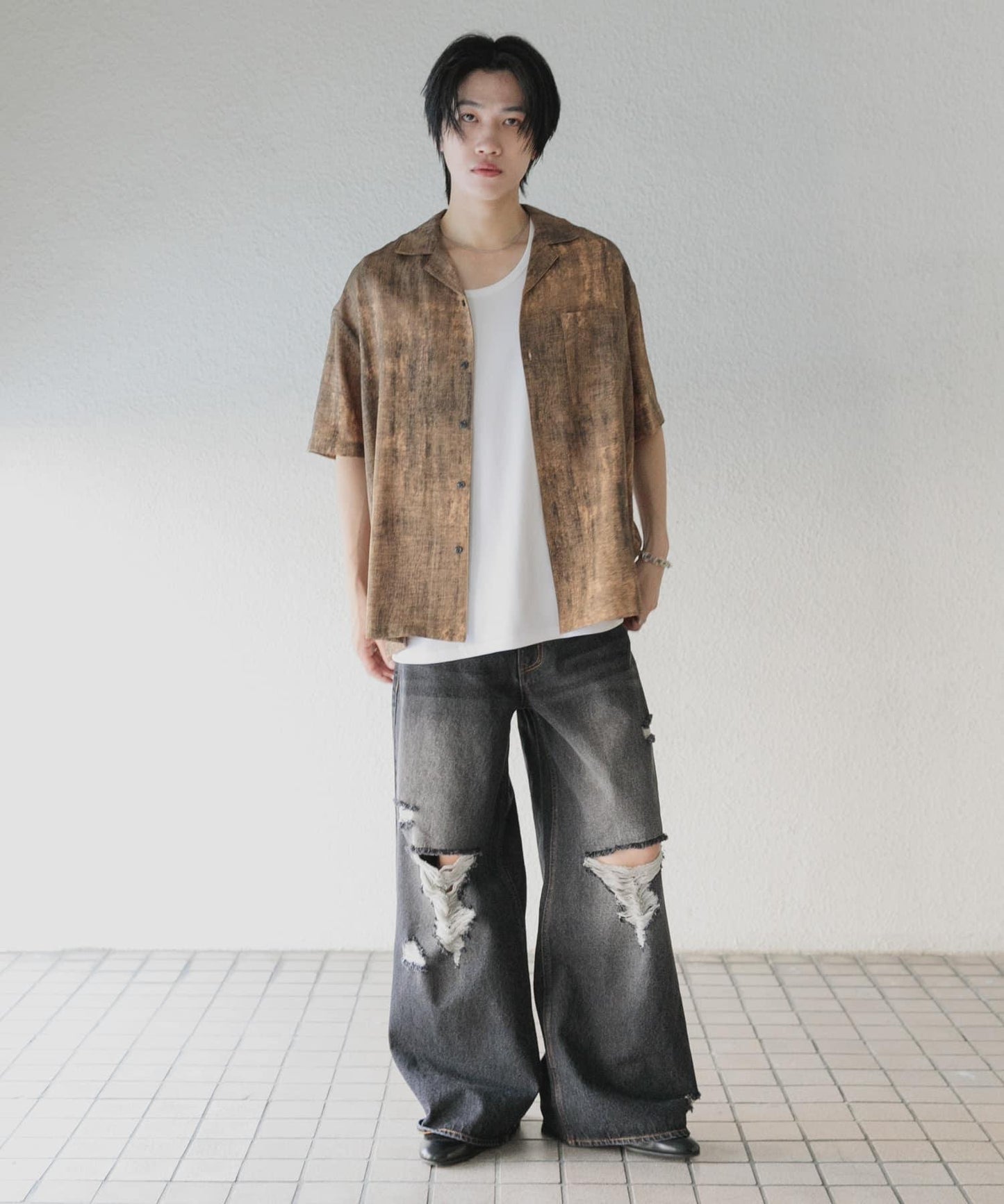 大理石紋開領短袖襯衫