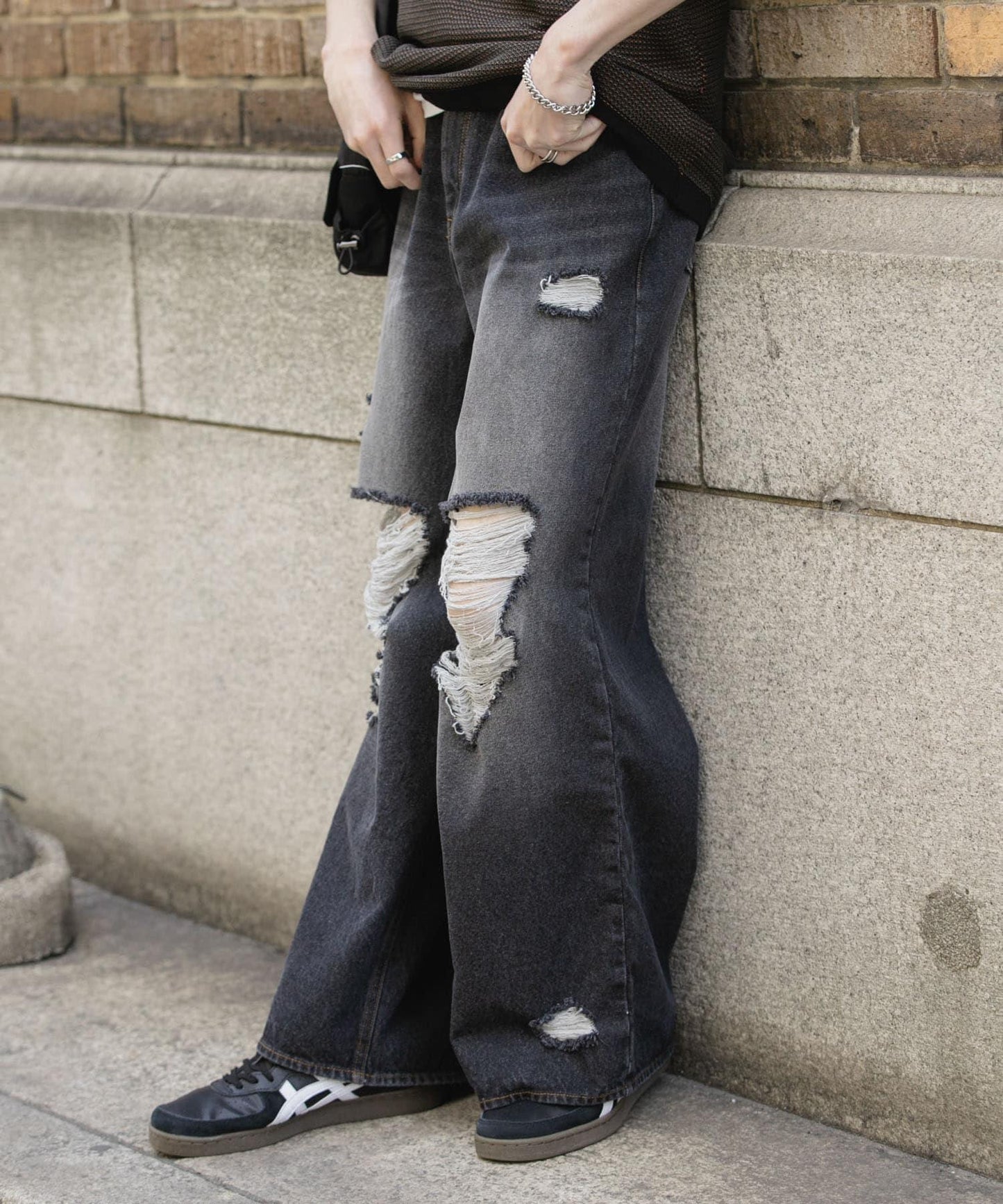 中性破洞牛仔寬腿褲