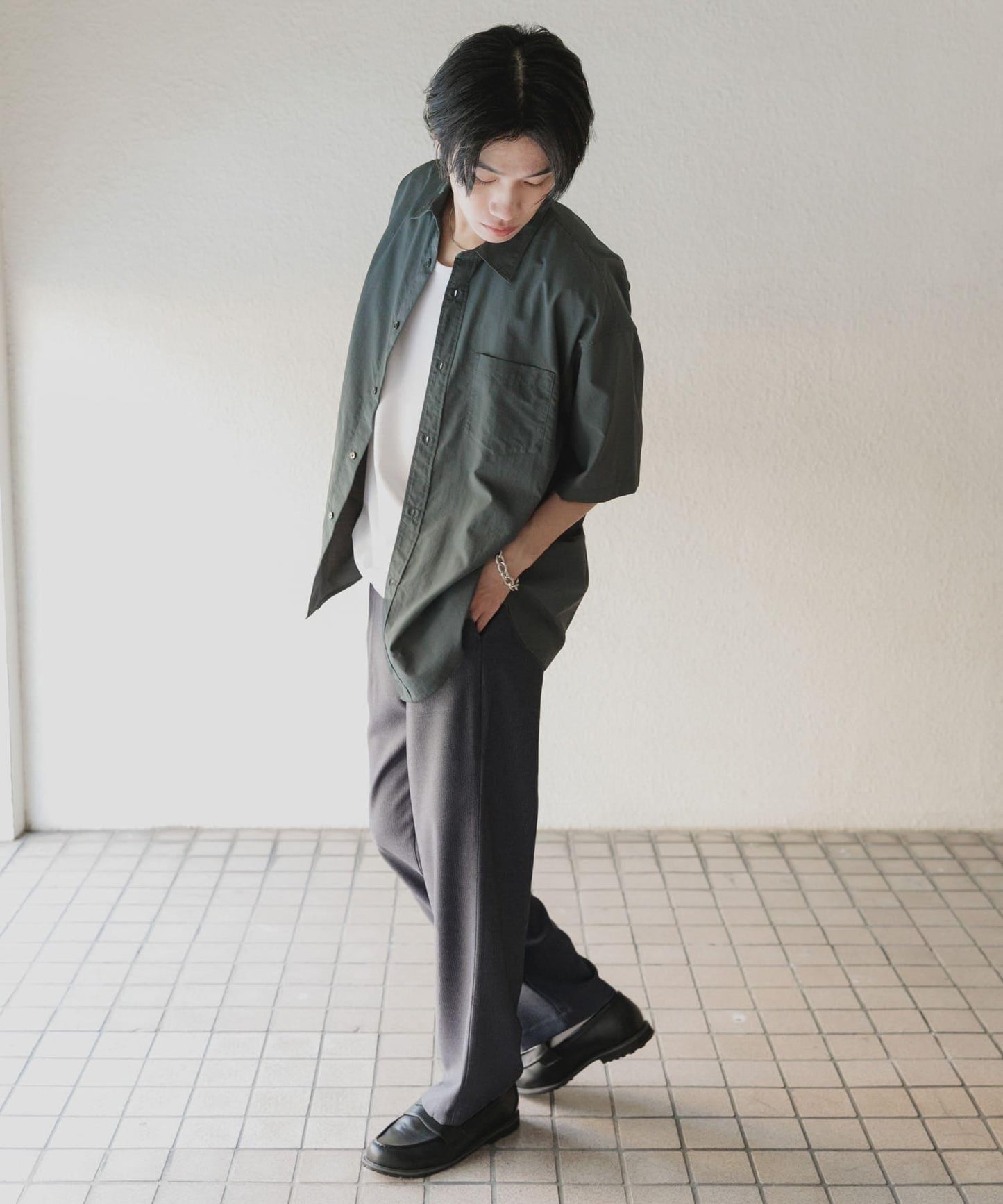 微格紋雙褶寬鬆西裝褲