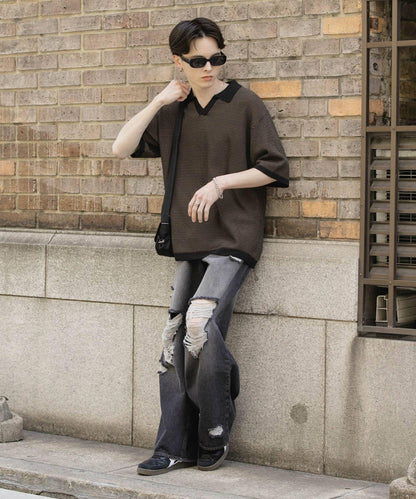 中性破洞牛仔寬腿褲