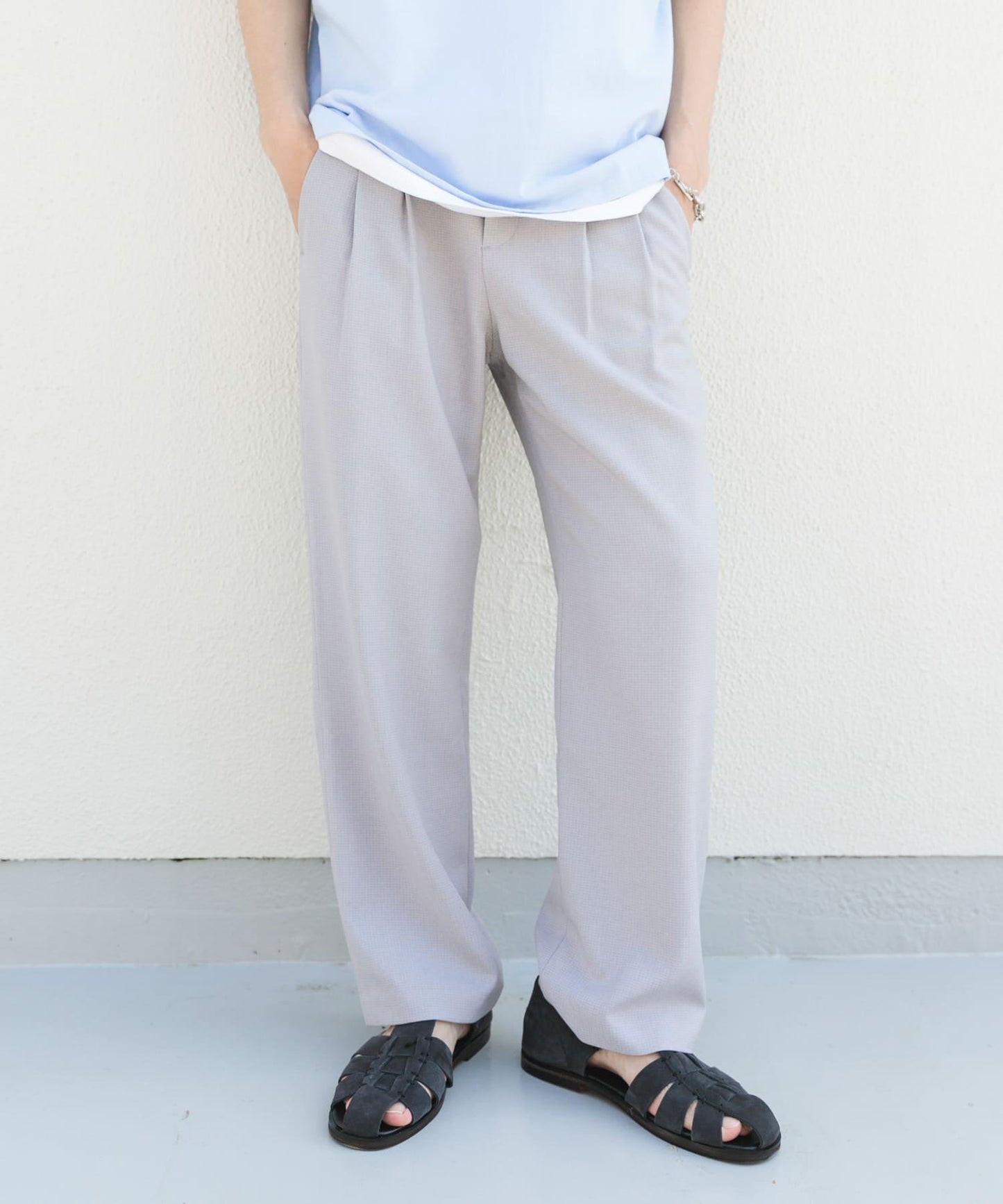 微格紋雙褶寬鬆西裝褲
