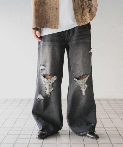 中性破洞牛仔寬腿褲