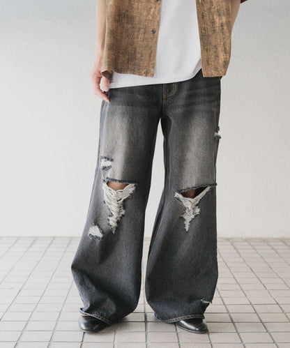 中性破洞牛仔寬腿褲