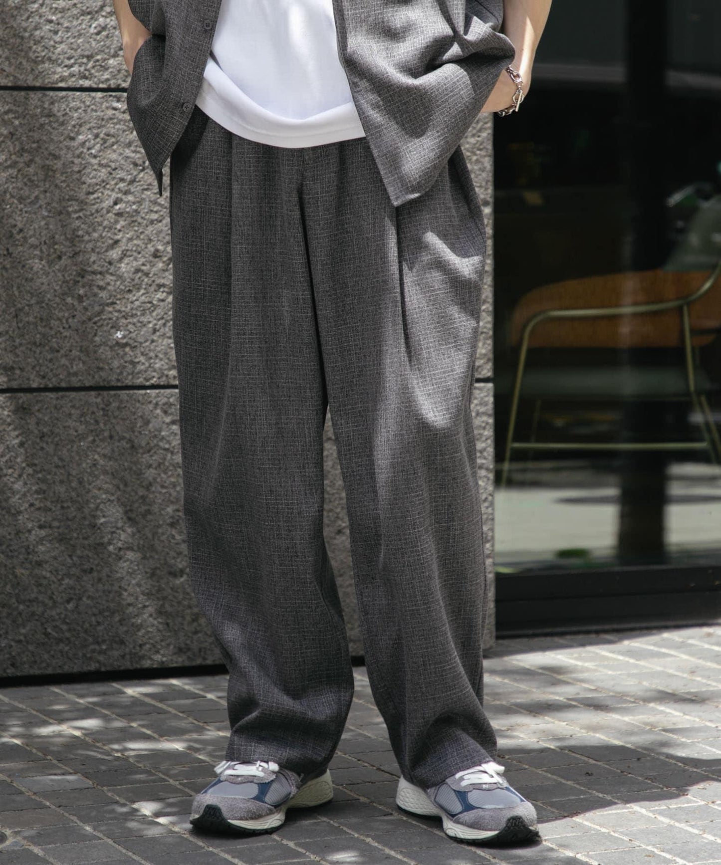 混色褶皺寬腿褲