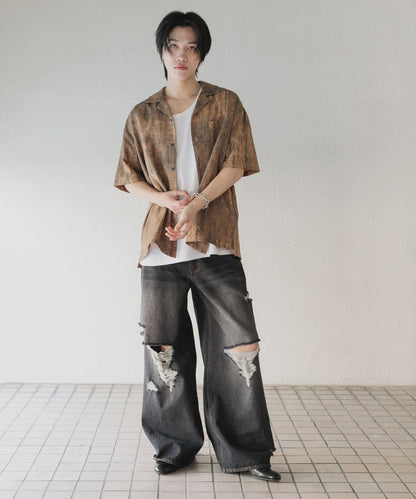 中性破洞牛仔寬腿褲