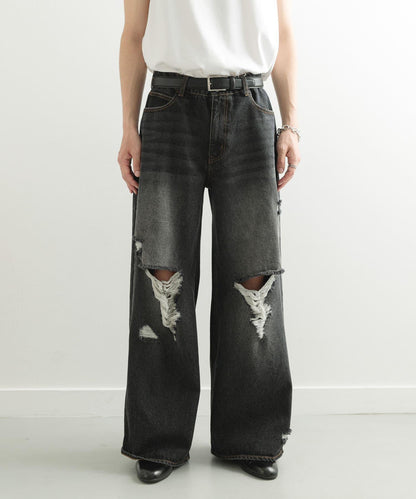 中性破洞牛仔寬腿褲