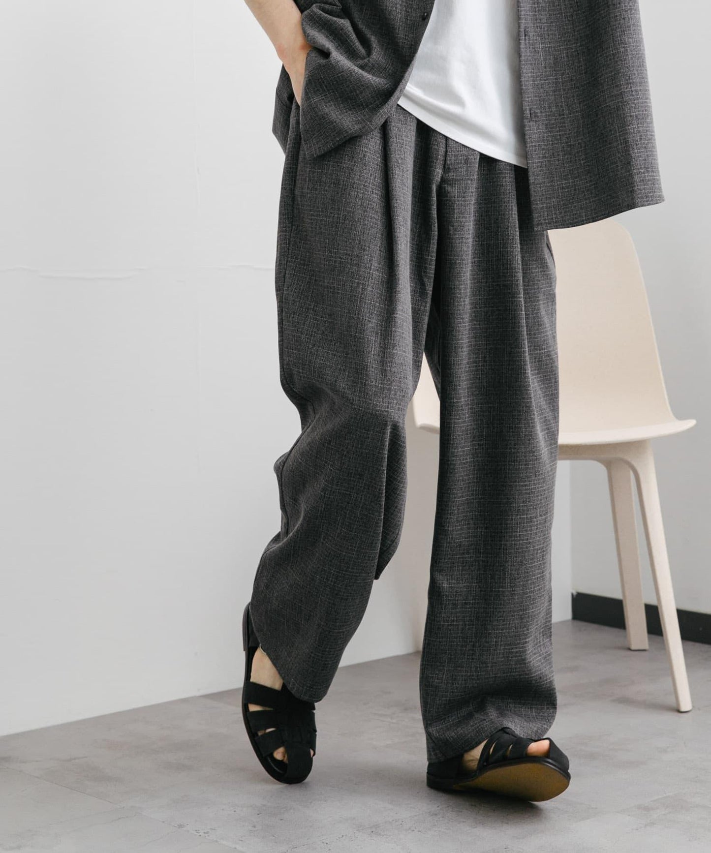 混色褶皺寬腿褲