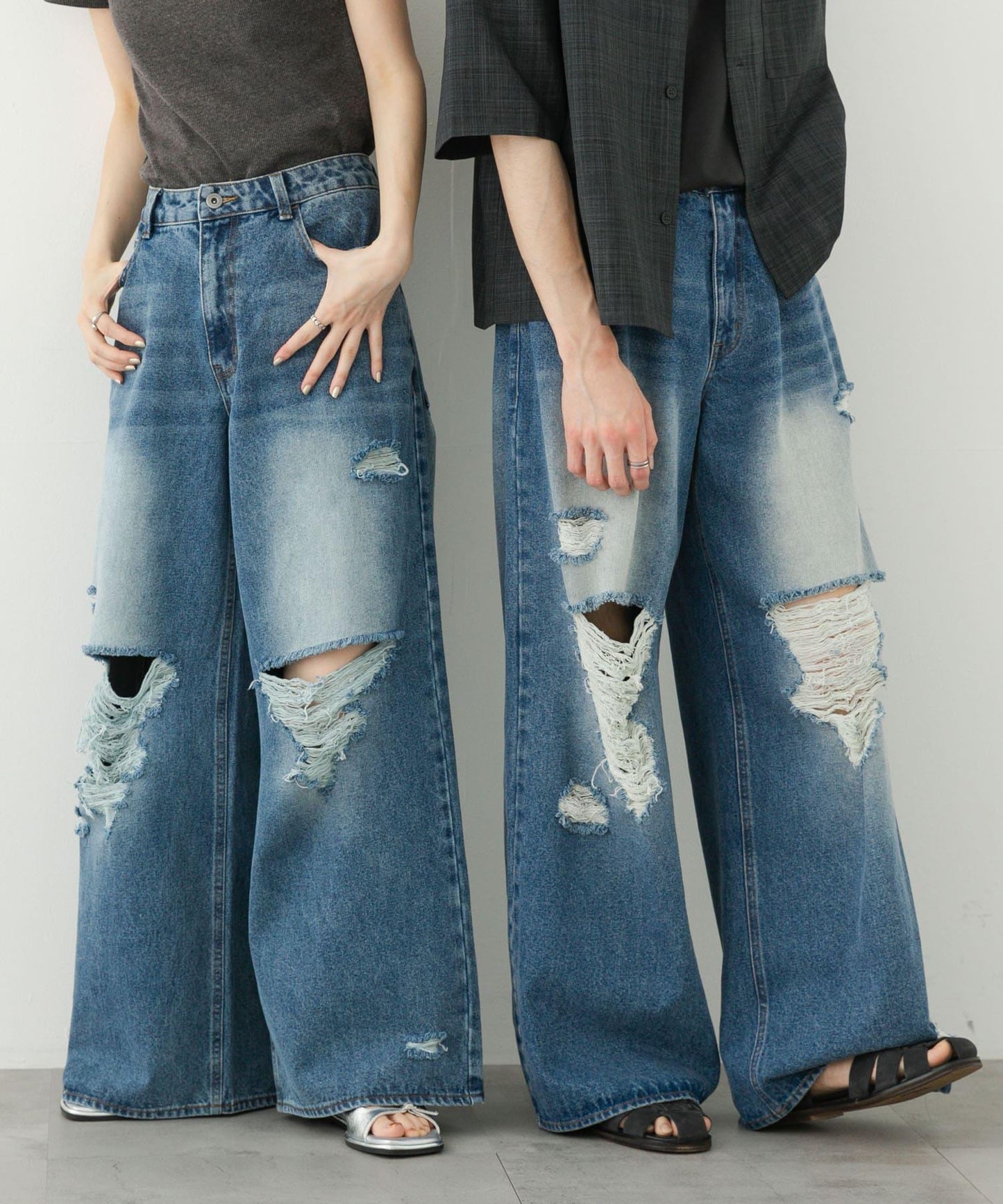中性破洞牛仔寬腿褲
