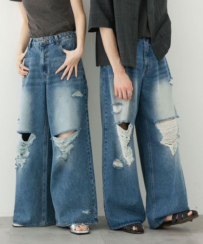 中性破洞牛仔寬腿褲