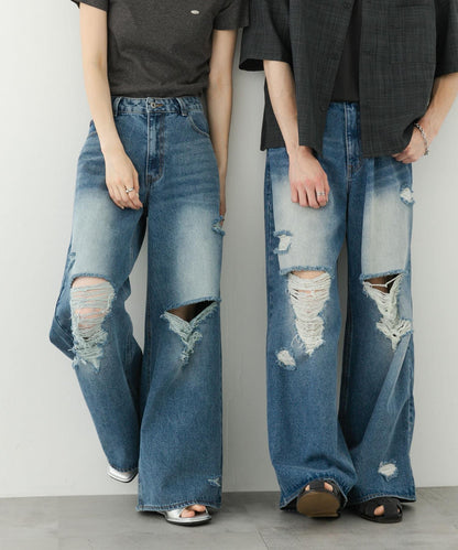 中性破洞牛仔寬腿褲