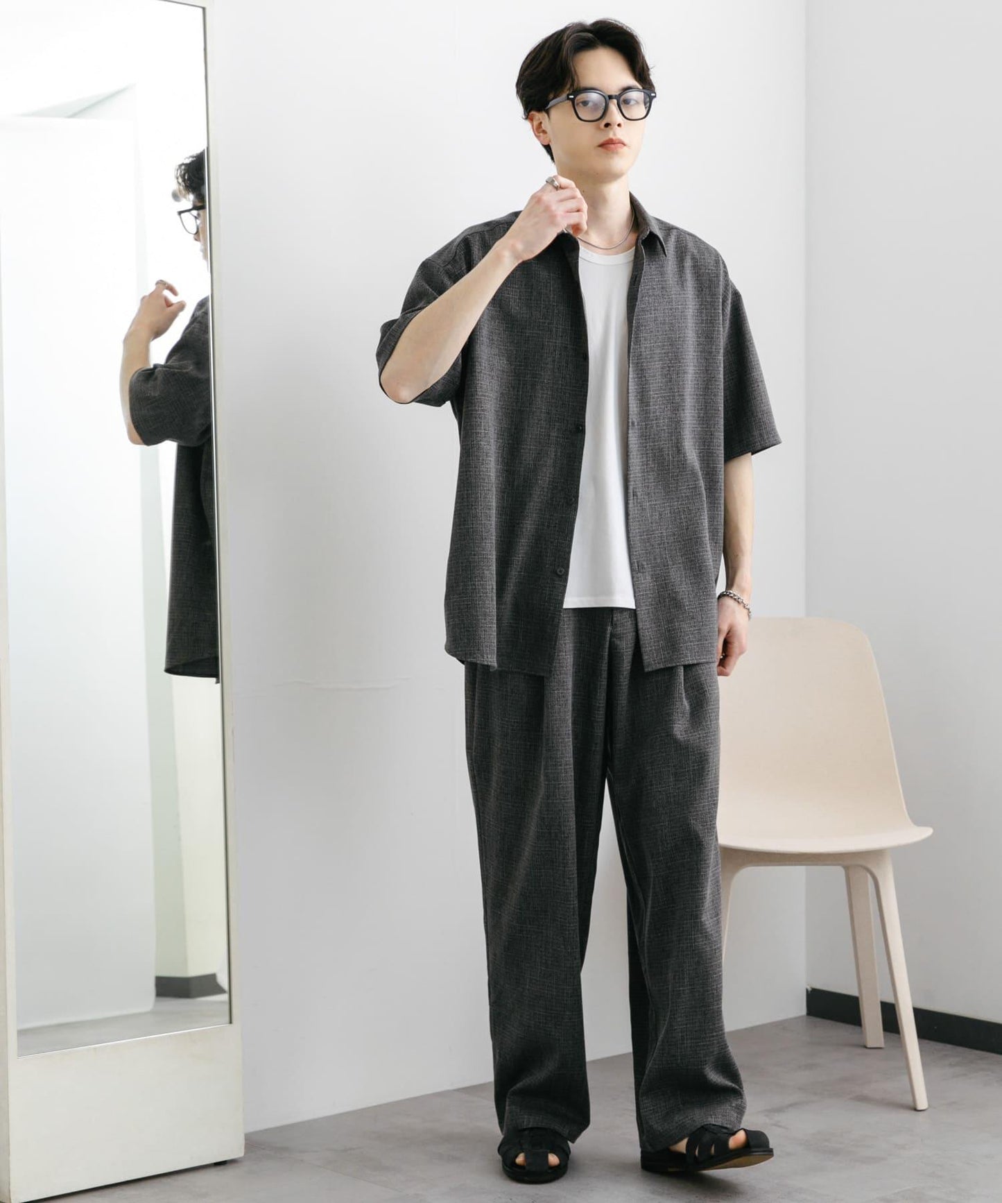 混色褶皺寬腿褲