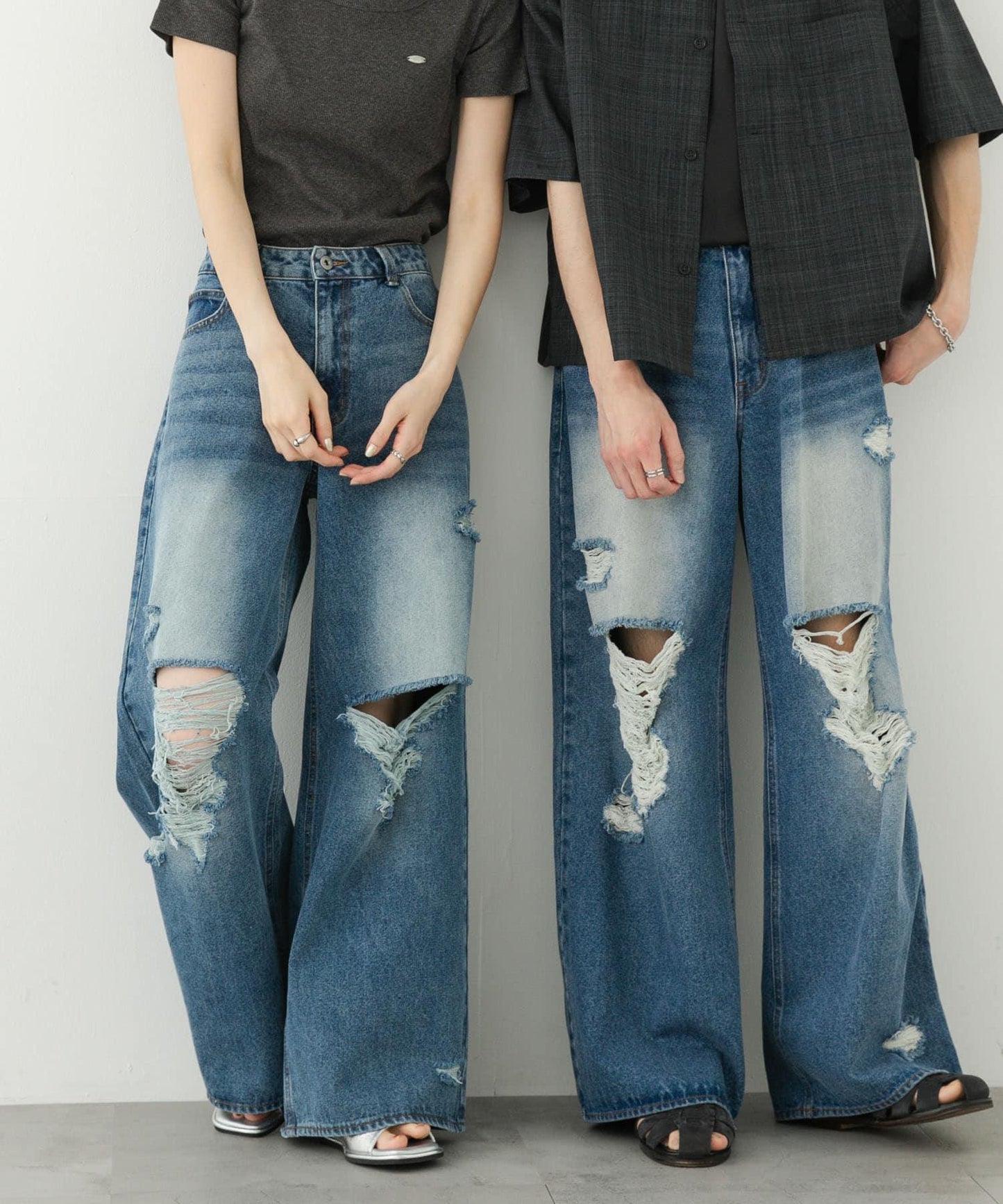 中性破洞牛仔寬腿褲
