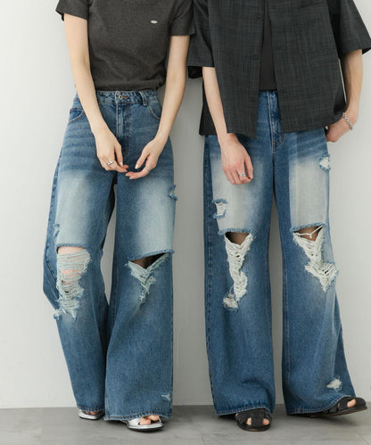 中性破洞牛仔寬腿褲