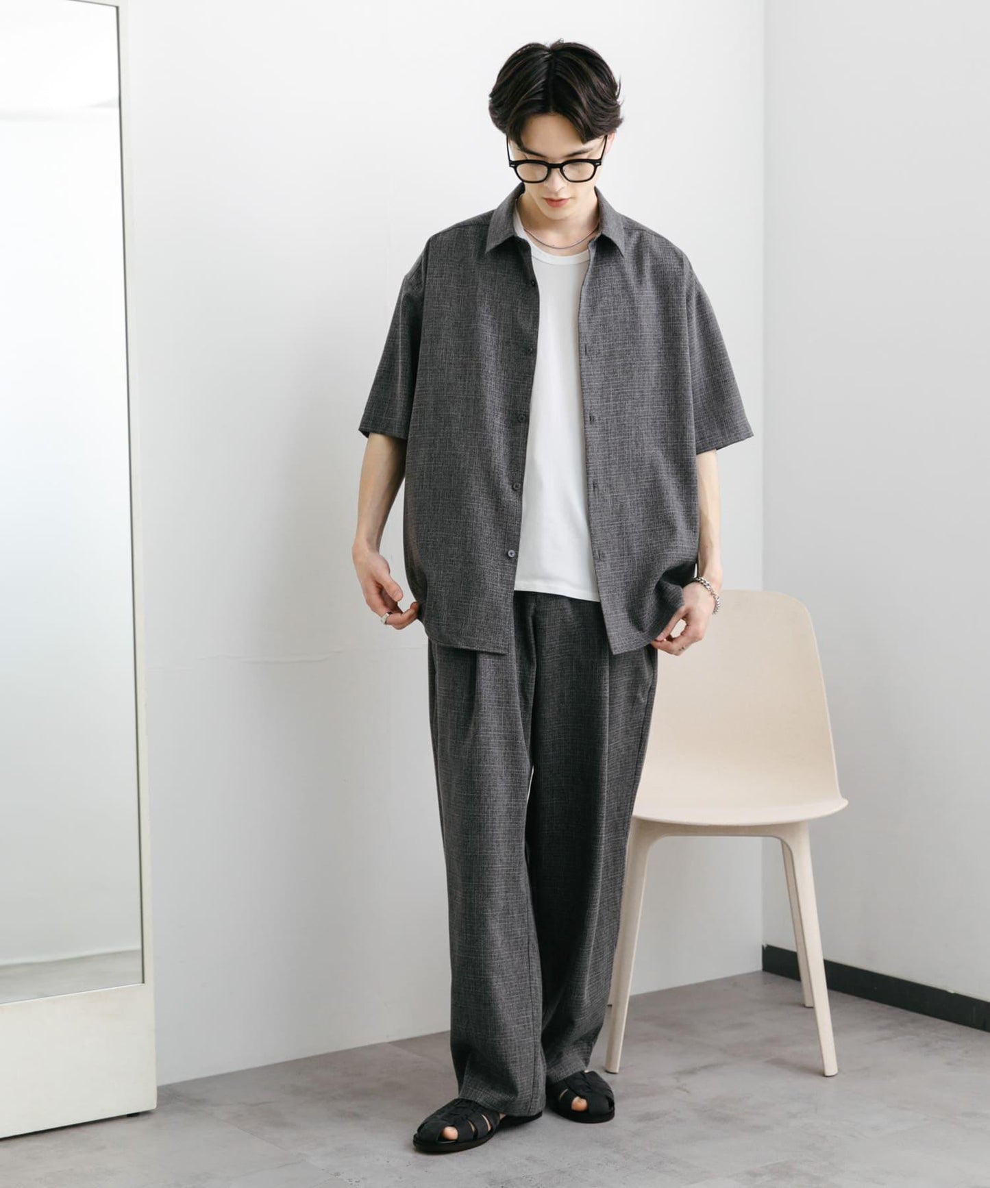 混色褶皺寬腿褲