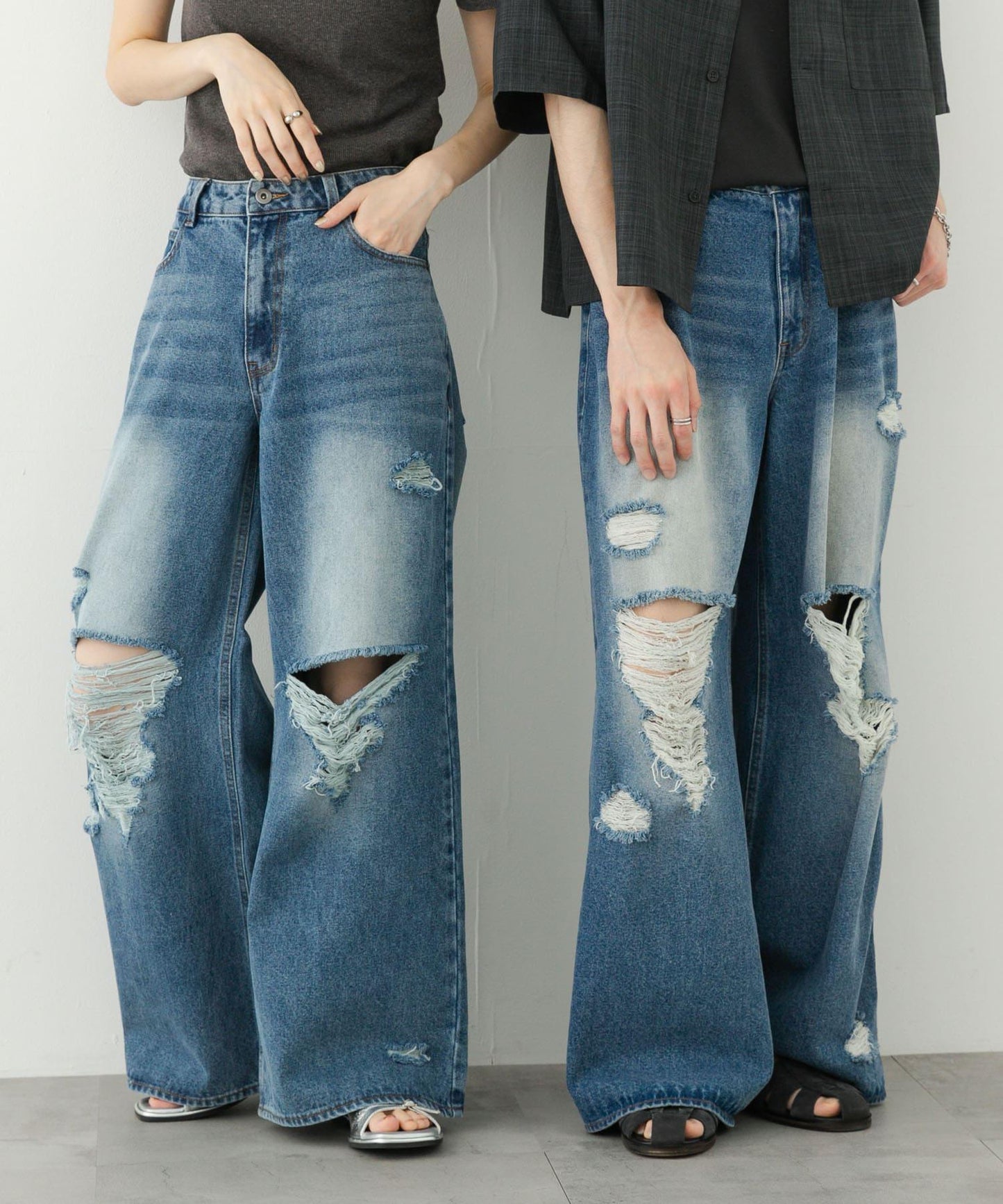 中性破洞牛仔寬腿褲