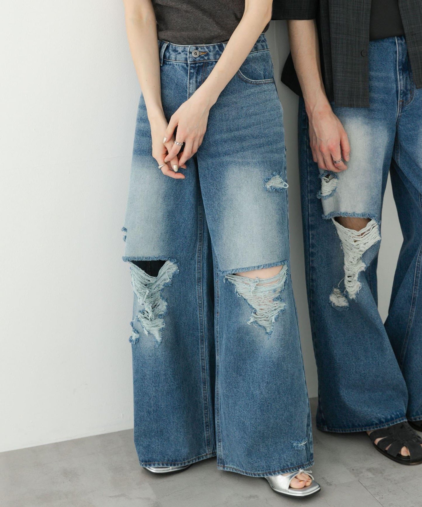 中性破洞牛仔寬腿褲