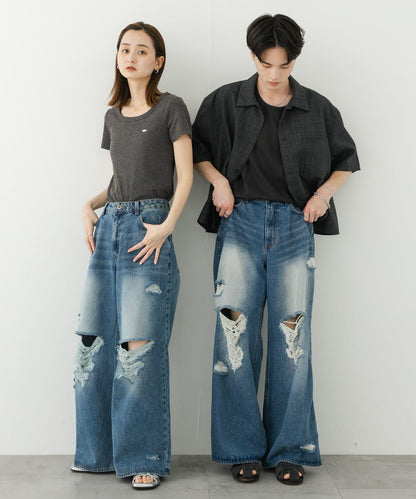 中性破洞牛仔寬腿褲