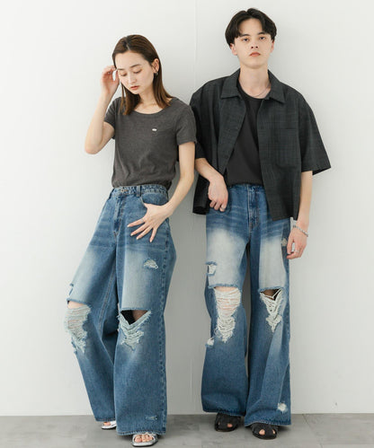 中性破洞牛仔寬腿褲