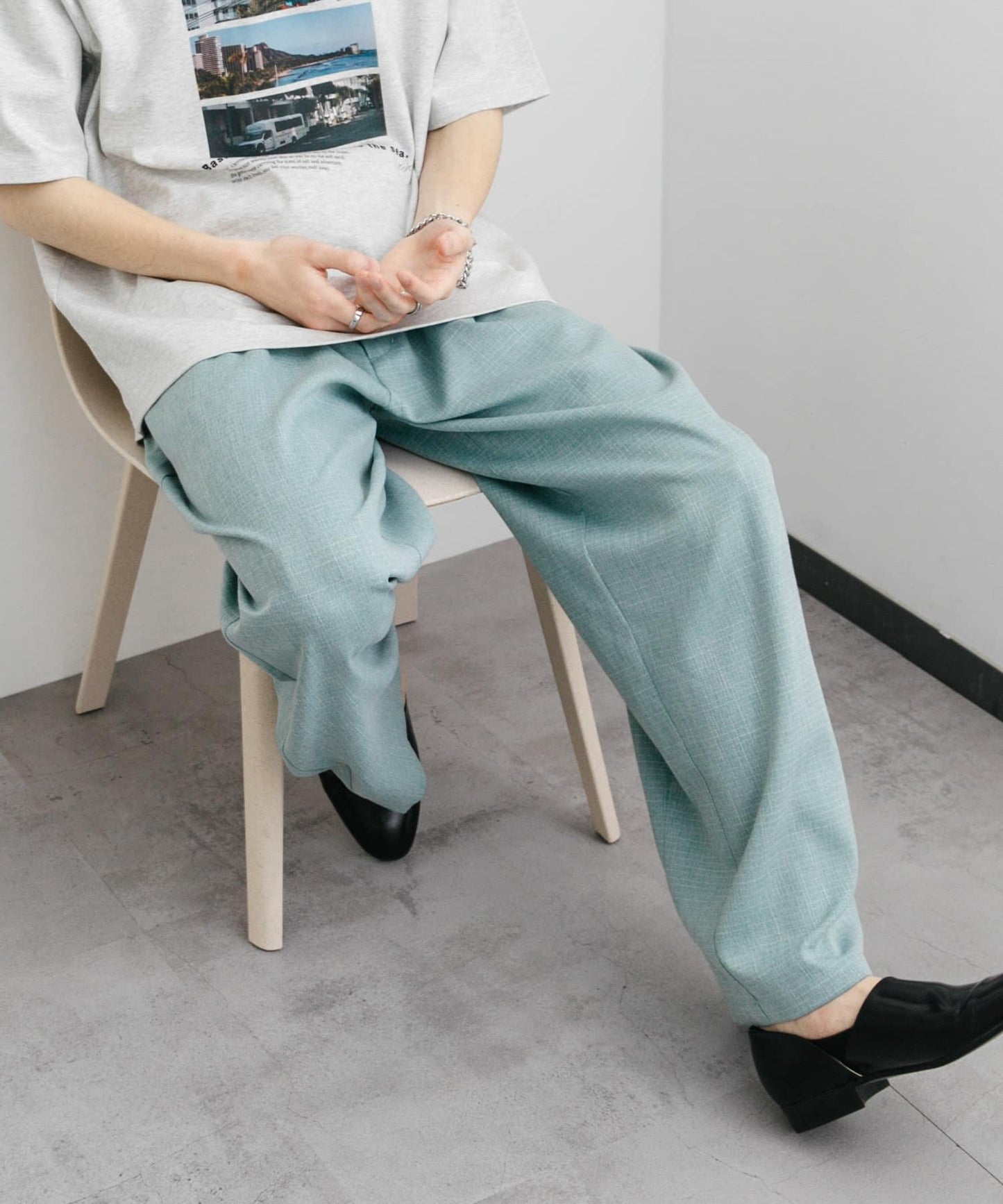 混色褶皺寬腿褲