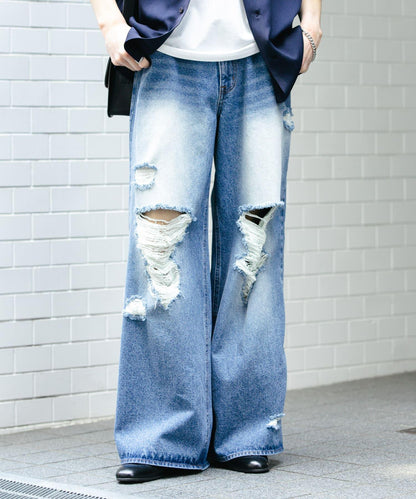 中性破洞牛仔寬腿褲
