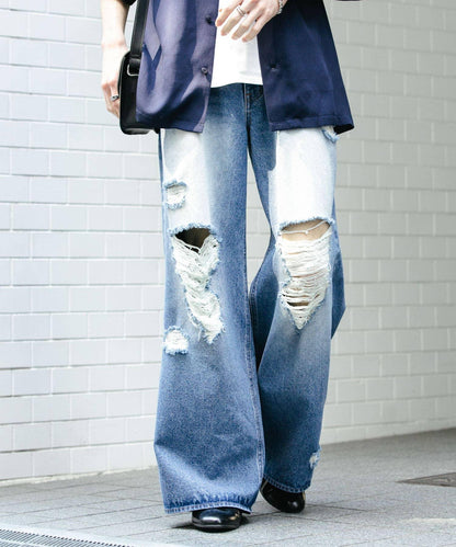中性破洞牛仔寬腿褲