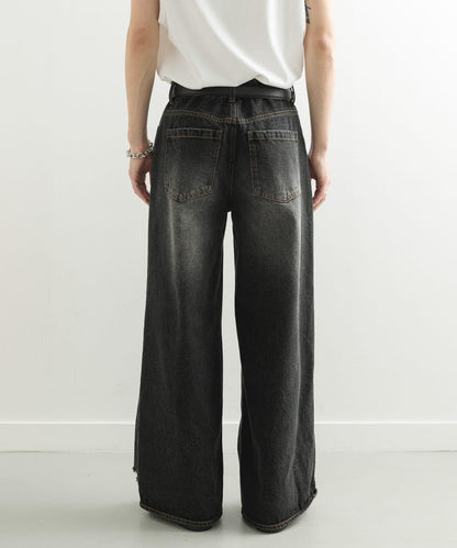 中性破洞牛仔寬腿褲