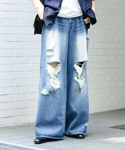 中性破洞牛仔寬腿褲