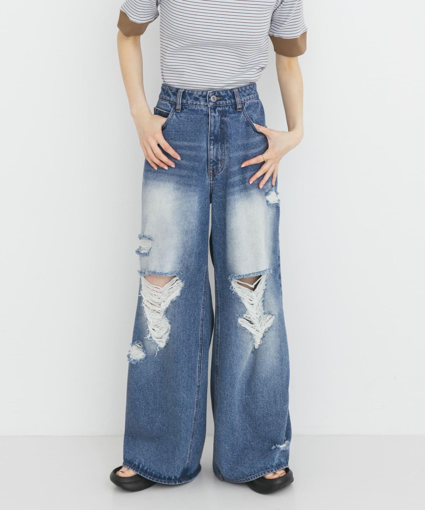 中性破洞牛仔寬腿褲