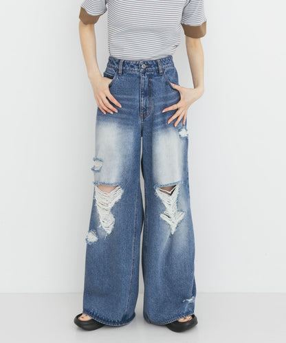 中性破洞牛仔寬腿褲
