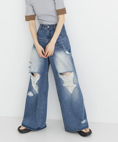 中性破洞牛仔寬腿褲
