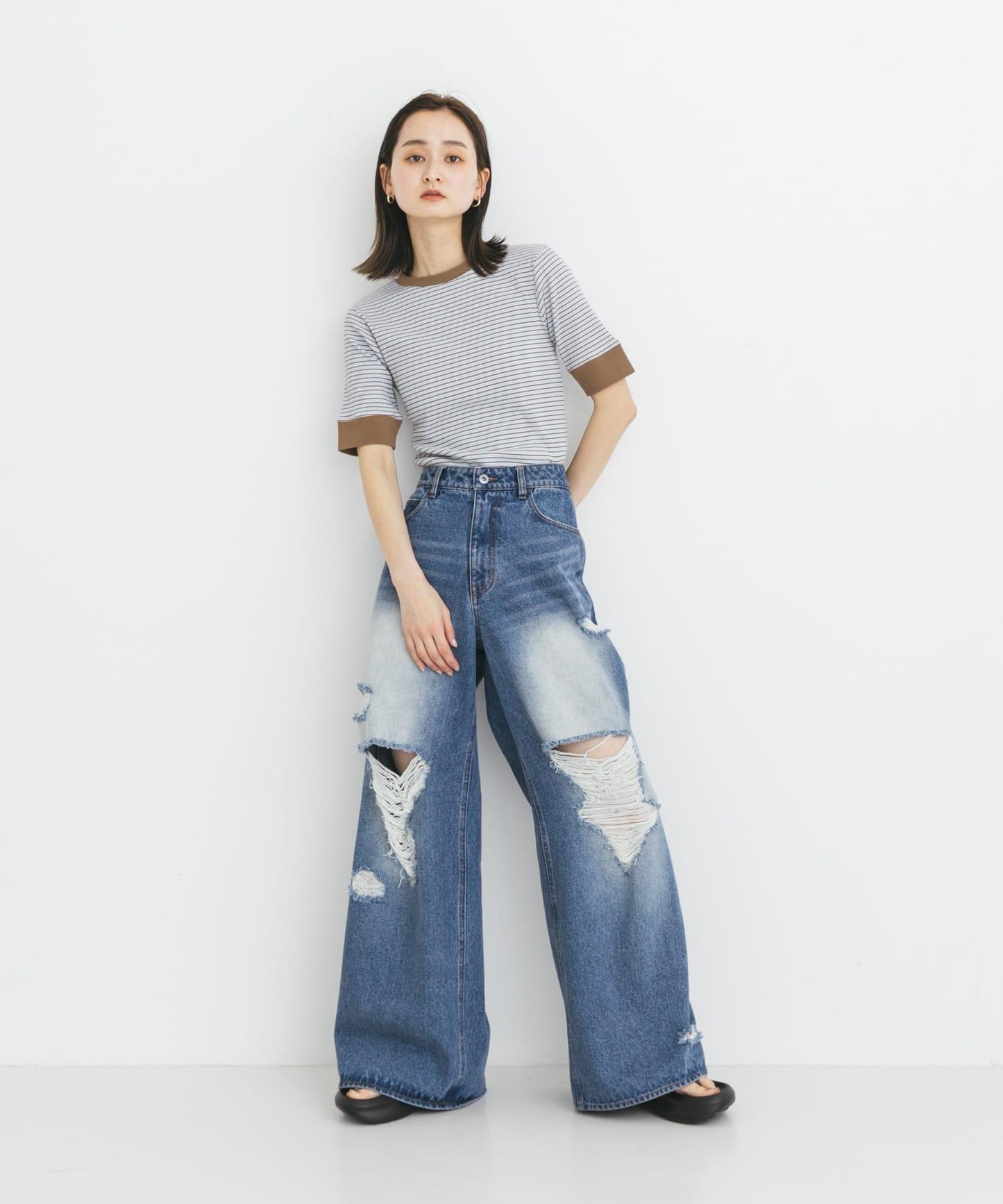 中性破洞牛仔寬腿褲