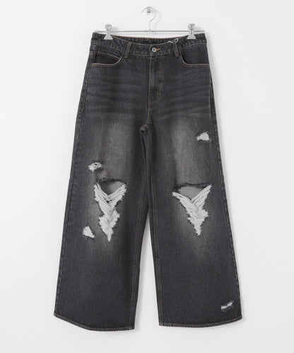 中性破洞牛仔寬腿褲