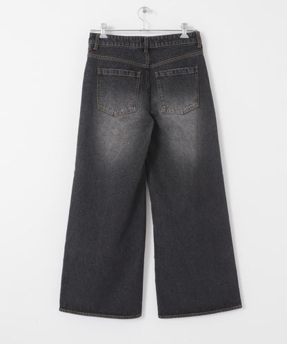 中性破洞牛仔寬腿褲