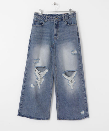 中性破洞牛仔寬腿褲