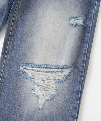 中性破洞牛仔寬腿褲