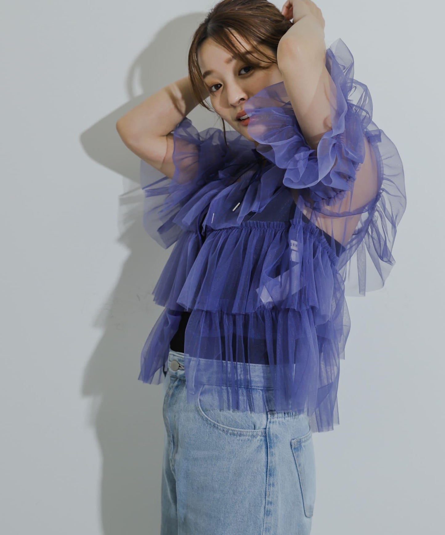 多層網紗拼接女式襯衫