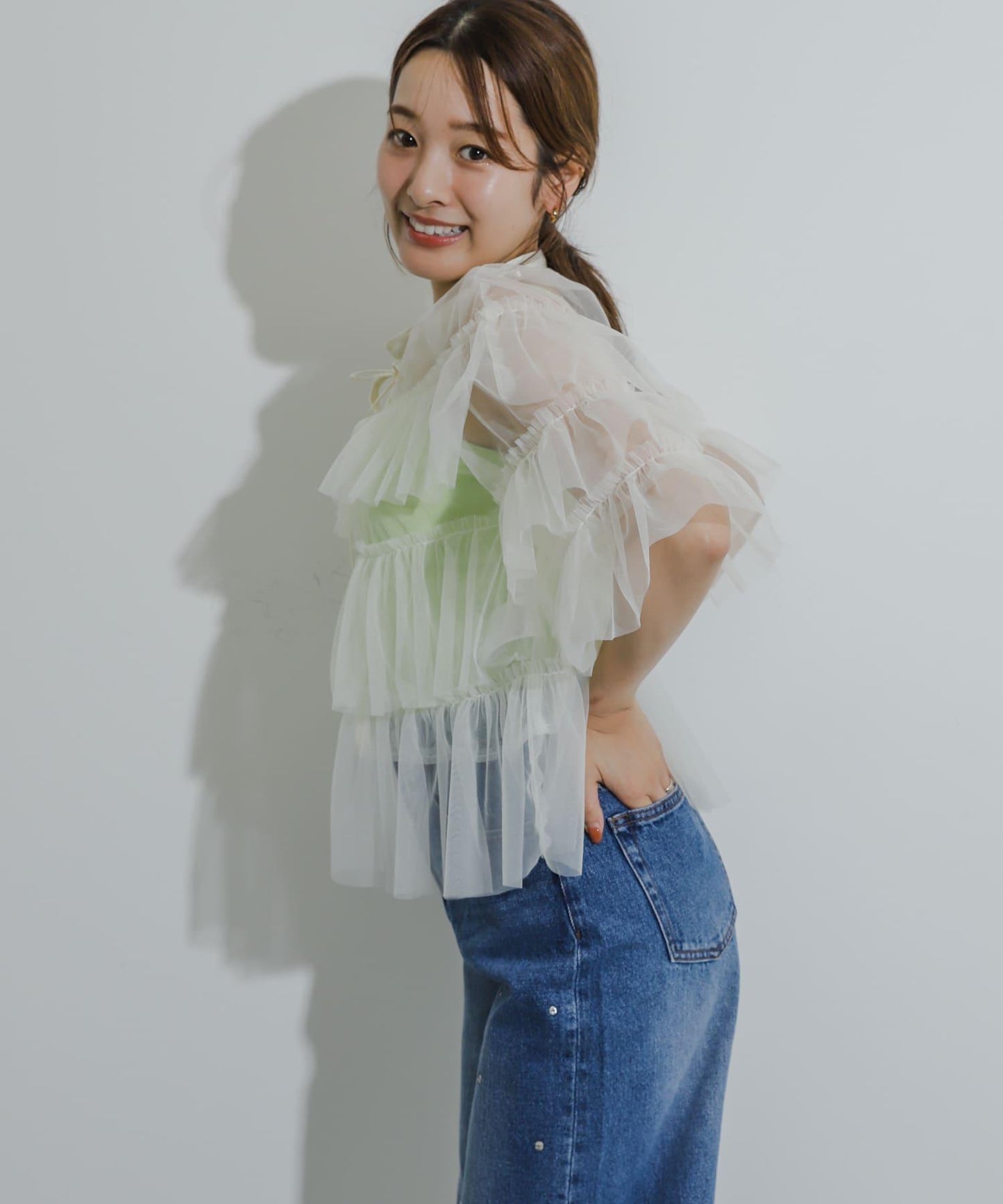 多層網紗拼接女式襯衫