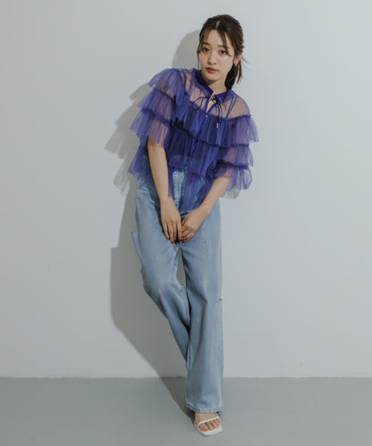 多層網紗拼接女式襯衫